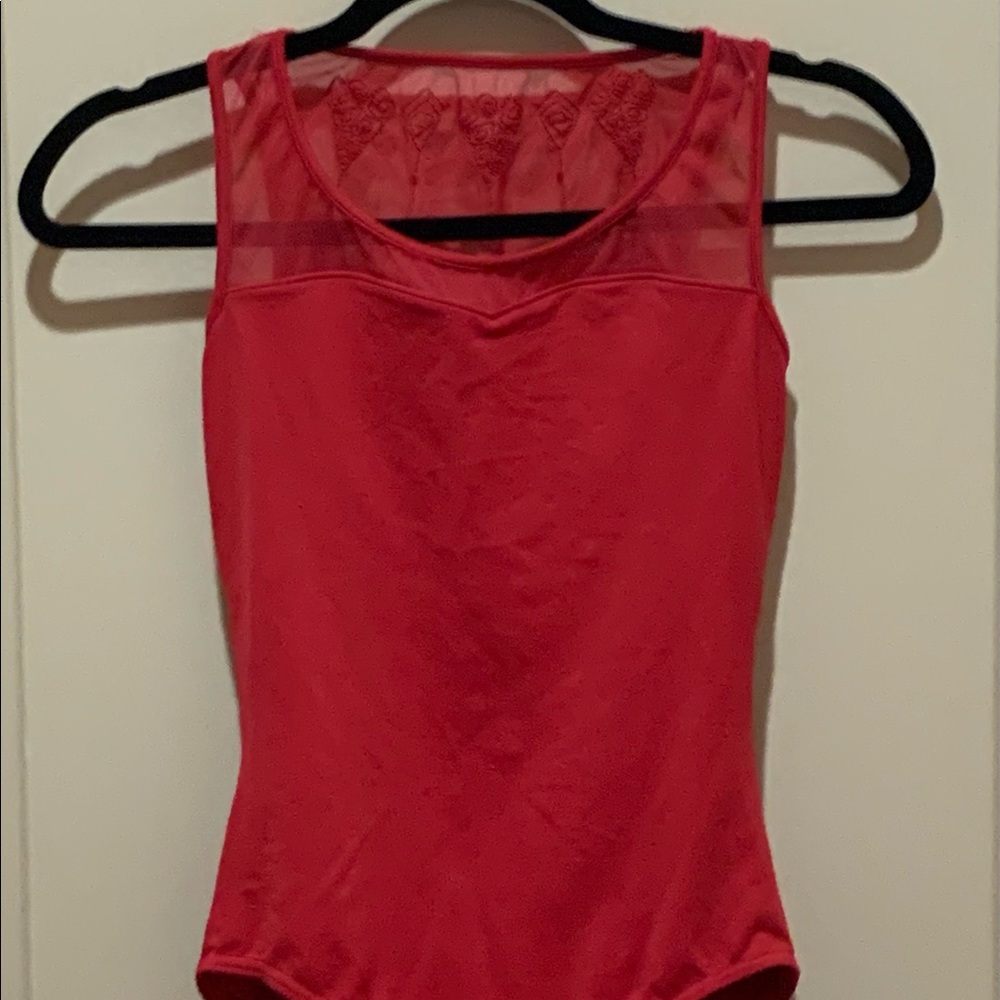 Bloch red leotard w/ mesh embroidered detail